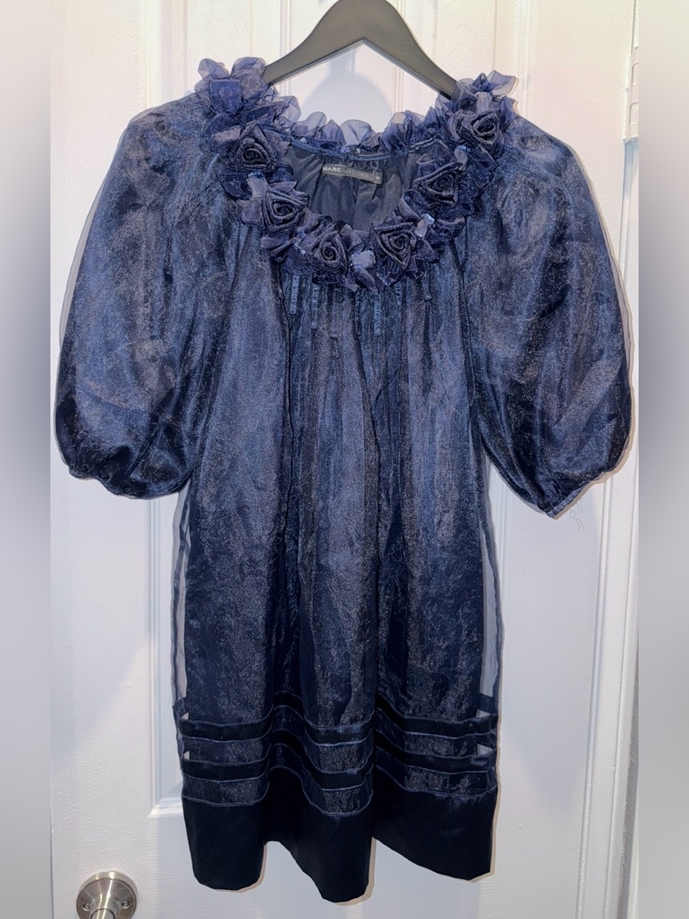 Marc Jacobs Navy Organza Puff Sleeve Dress with Rosette Trim